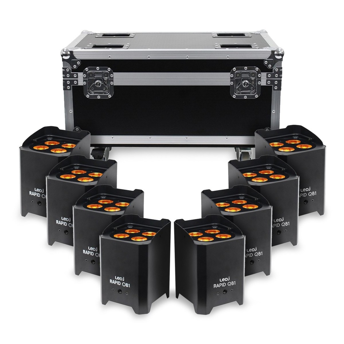 LEDJ QB1 RGBA LED Uplighter Black Eight Pack with Charge Case