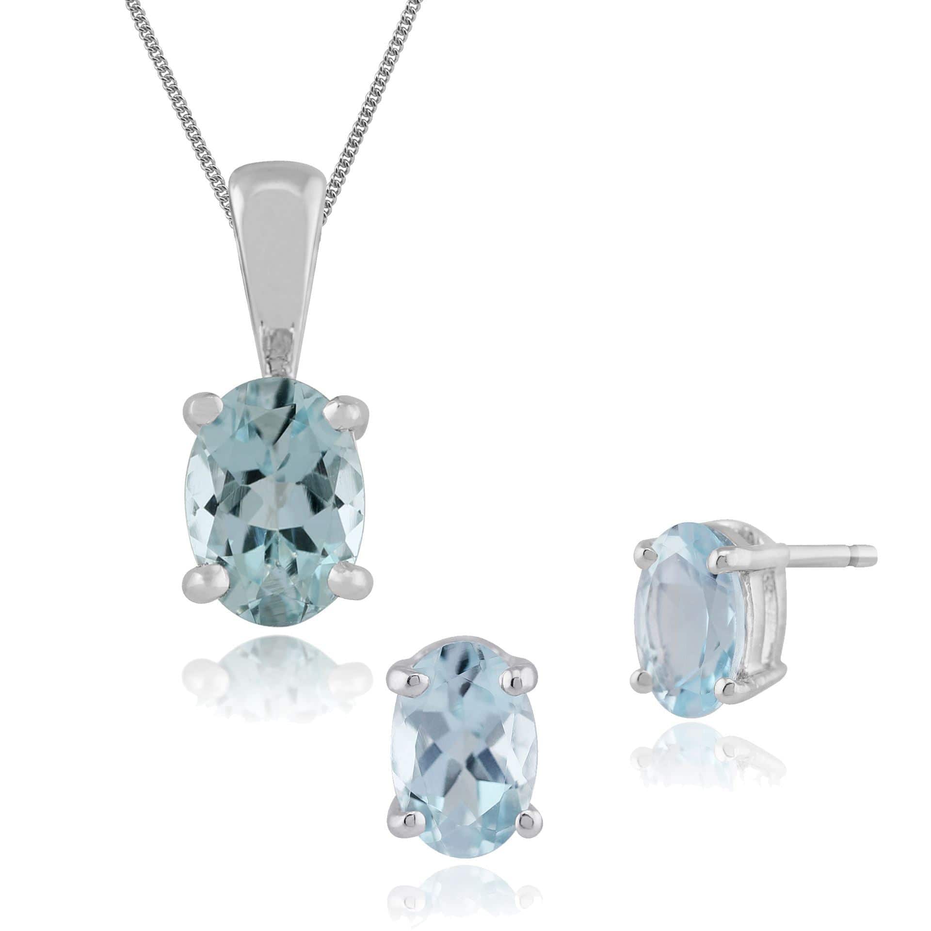 Classic Oval Aquamarine Single Stone Stud Earrings & Pendant Set in 9ct White Gold
