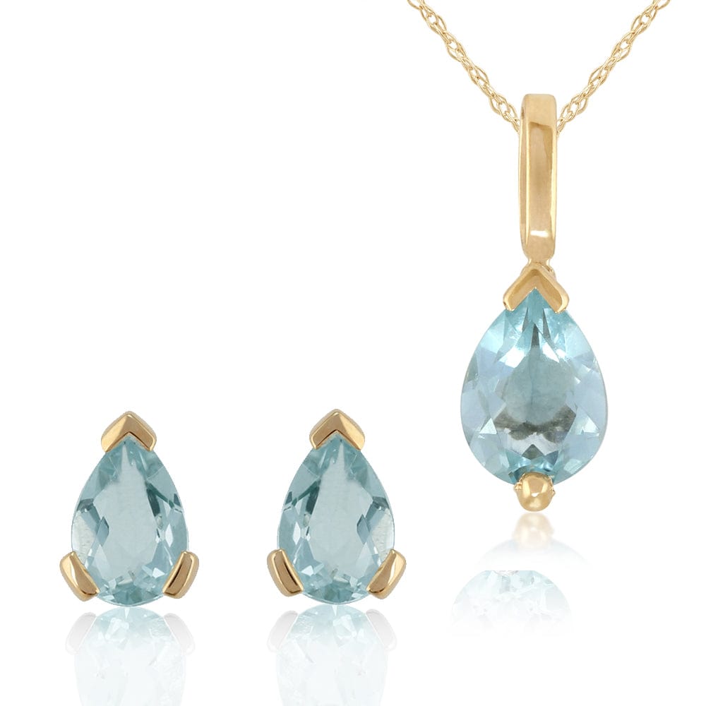 Classic Pear Aquamarine Single Stone Stud Earrings & Pendant Set in 9ct Gold
