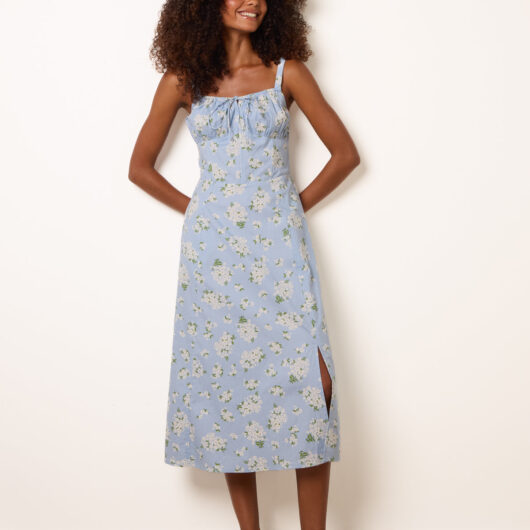 Midi Milkmaid Floral Dress - S / BLUE