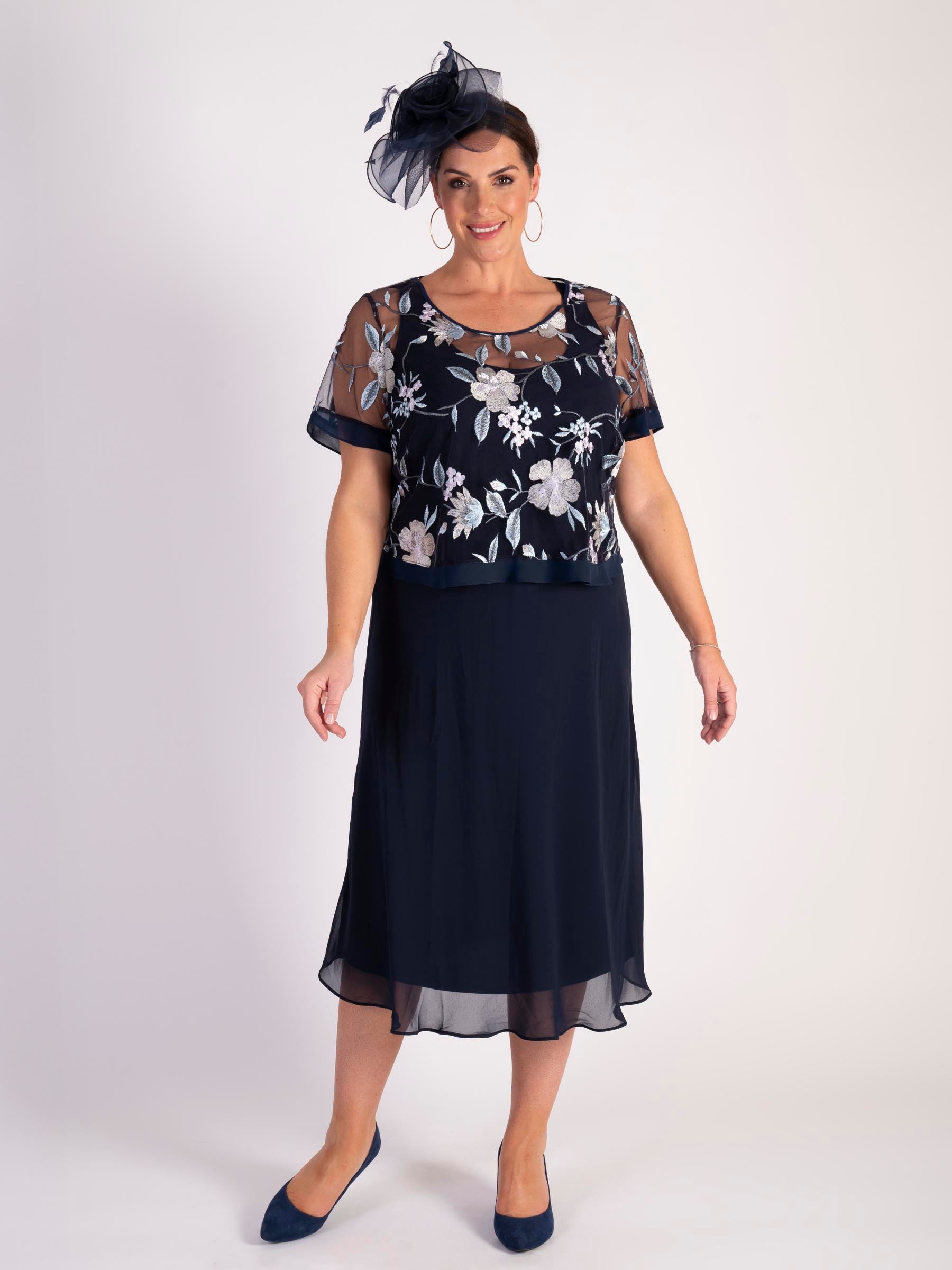 Navy Chiffon Dress with Floral Embroidered Mesh Overtop