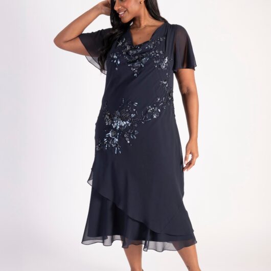 Navy Cowl Neck Chiffon Dress with Matt Gunmetal Beads & Sequins