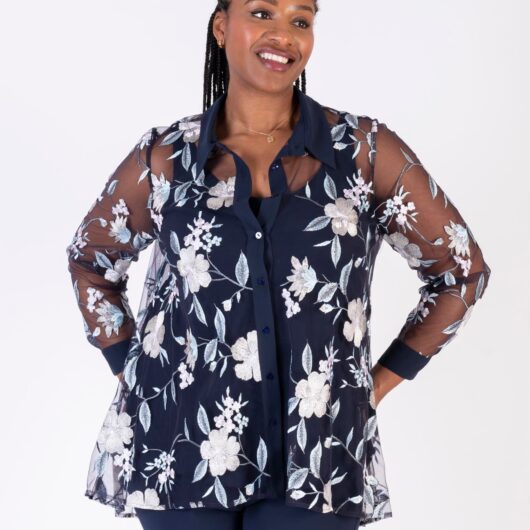 Navy/Multi Floral Embroidered Mesh Shirt with Chiffon Trim