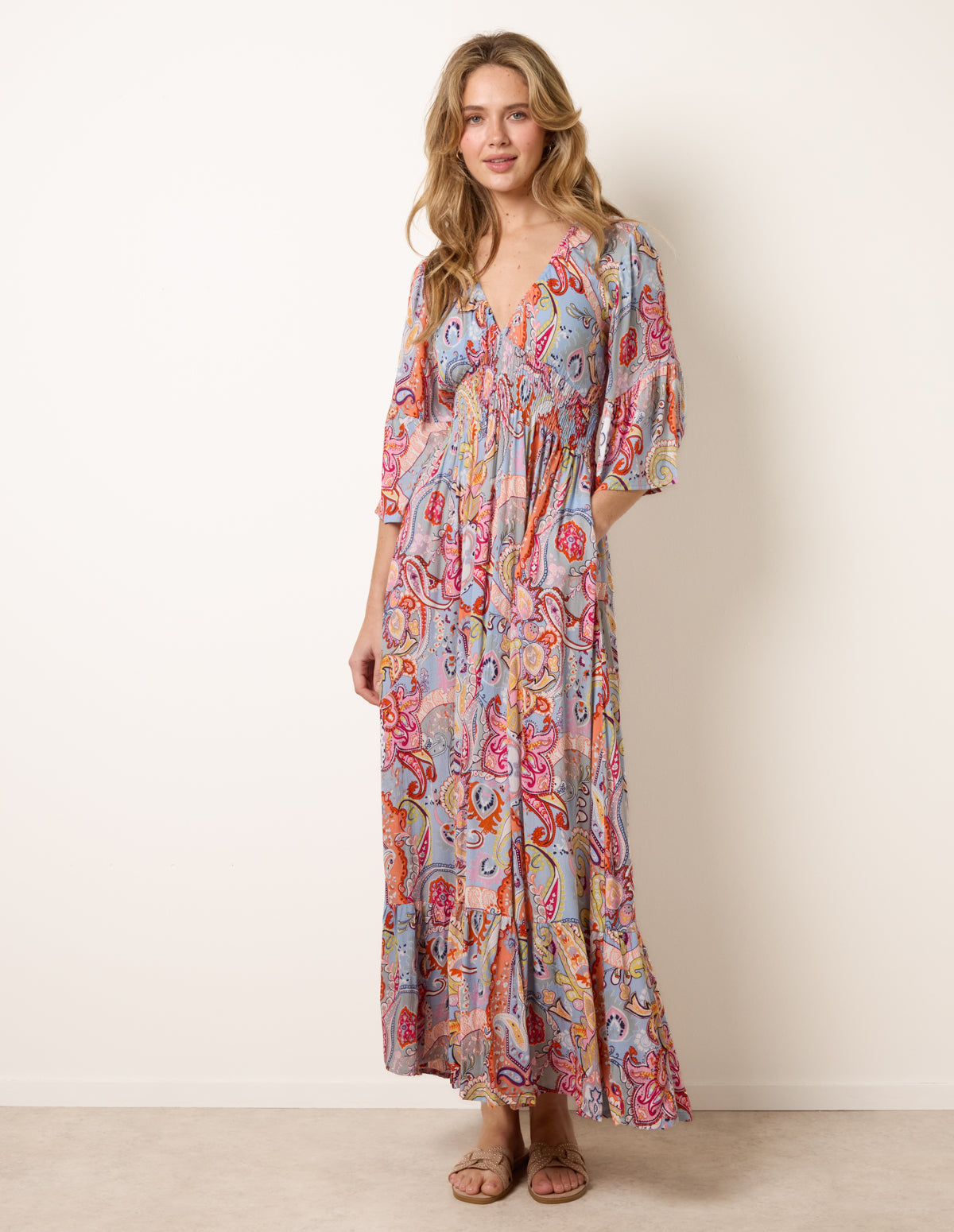 Paisley Print V Neck Maxi Dress - S/M / MULTI